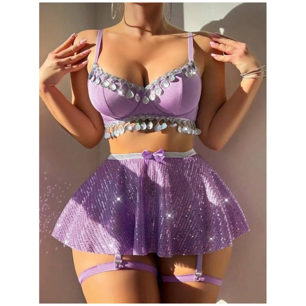 Lunelle Kadın Fantazi İç Giyim Seti – Lila Payetli Etekli Bralet Jartiyer Takım