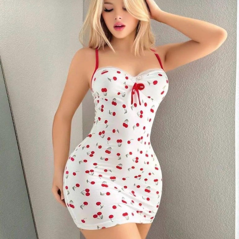 Lunelle Beyaz Kiraz Desenli Askılı Mini Elbise