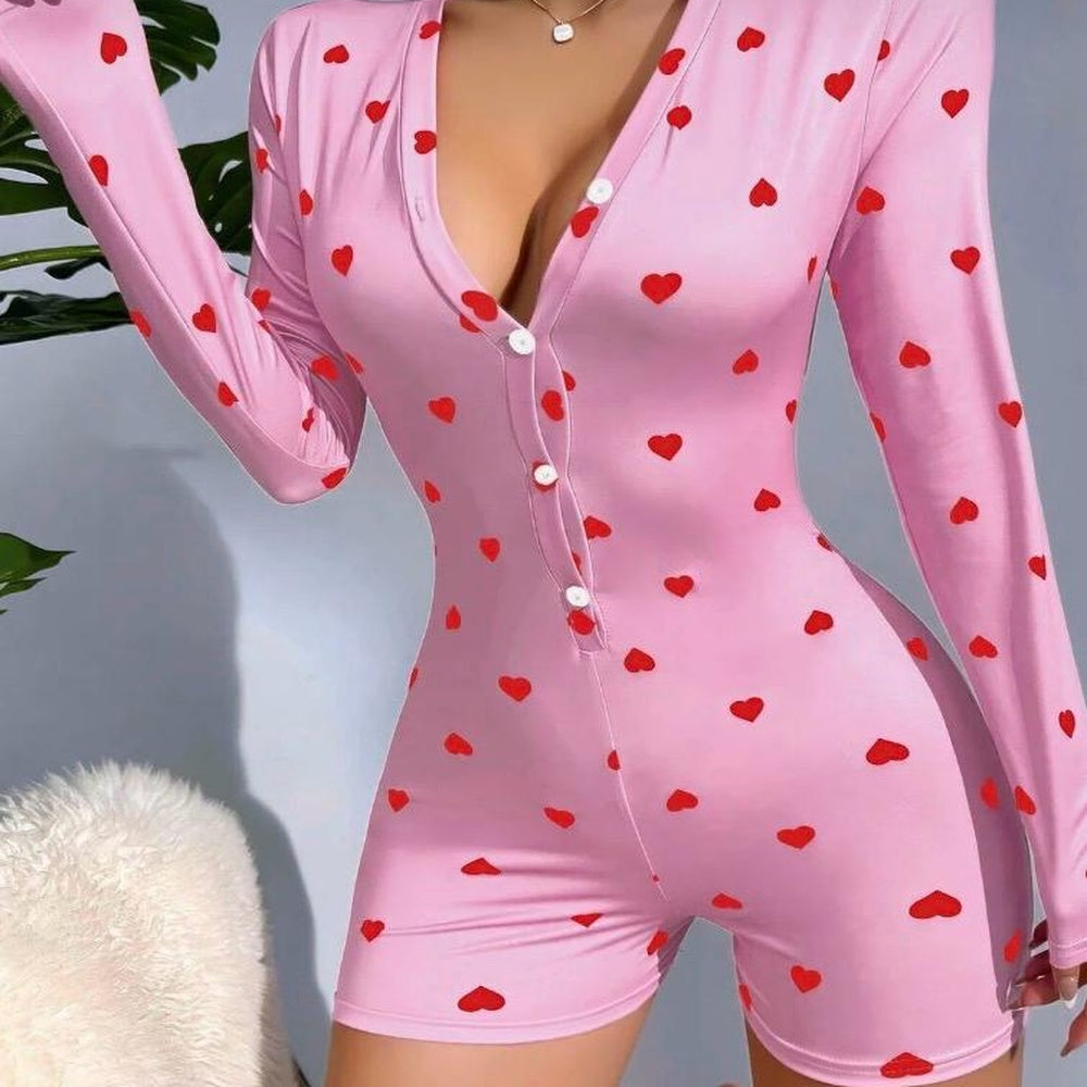 Lunelle Pembe Kalp Desenli Düğmeli Şortlu Kadın Tulum