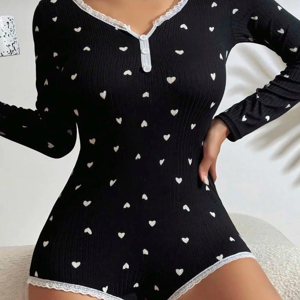 Lunelle Siyah Kalp Desenli Uzun Kollu Pijama Tulum