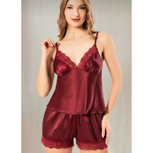 Lunelle BÜYÜK BEDEN Bordo Saten Şortlu Gecelik Takımı – Dantel Detaylı Şık & Seksi Pijama Seti