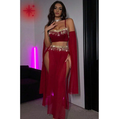 Lunelle Kadın Fantazi Dans Kostümü – Taş Detaylı Kırmızı Bralet ve Yırtmaçlı Etek Takım