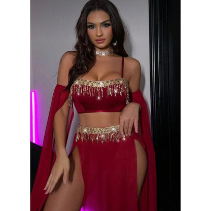 Lunelle Kadın Fantazi Dans Kostümü – Taş Detaylı Kırmızı Bralet ve Yırtmaçlı Etek Takım