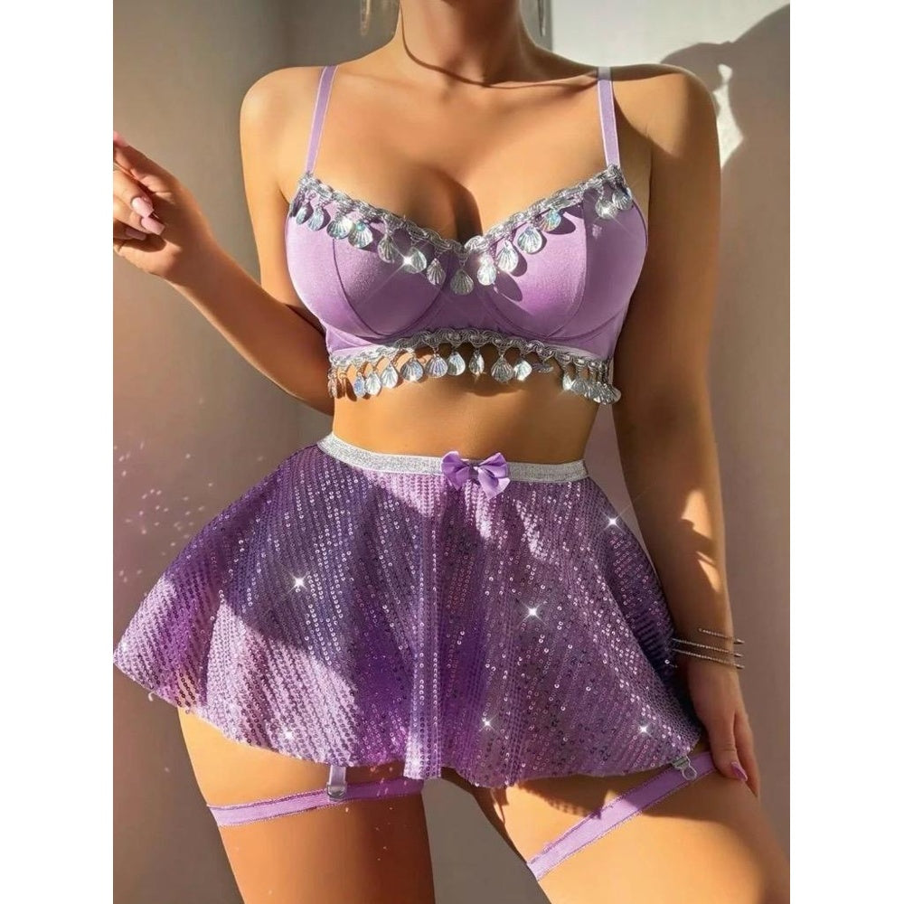 Lunelle Kadın Fantazi İç Giyim Seti – Lila Payetli Etekli Bralet Jartiyer Takım