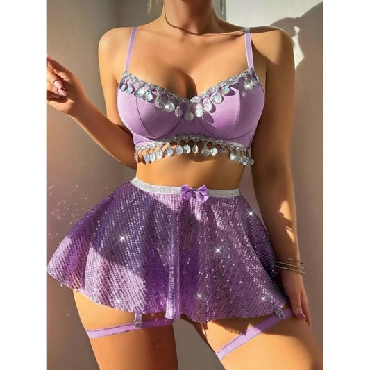 Lunelle Kadın Fantazi İç Giyim Seti – Lila Payetli Etekli Bralet Jartiyer Takım