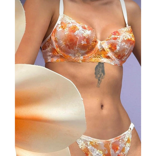 Lunelle Turuncu Çiçek Desenli Dantel Desteksiz Sütyen Takımı – Şık ve Romantik İç Giyim Seti