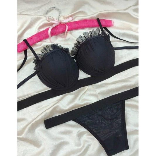 Lunelle Noir Ruffle Sütyen & Transparan Tanga Takımı – Siyah Fırfırlı Kadın İç Giyim