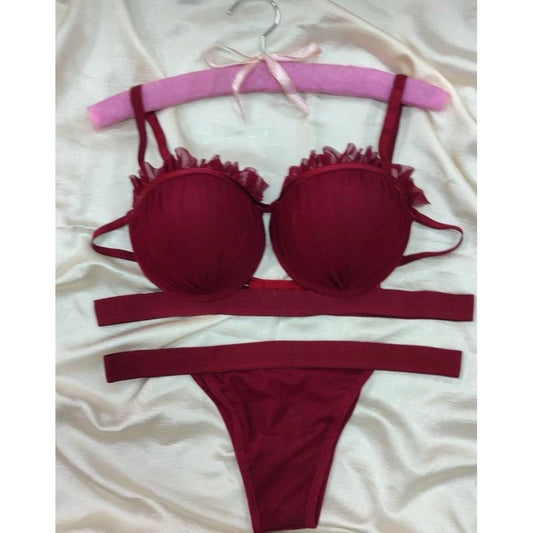 Lunelle Bordo Transparan Fırfır Detaylı Büstiyer Sütyen ve Tanga Külot Kadın İç Giyim Takımı