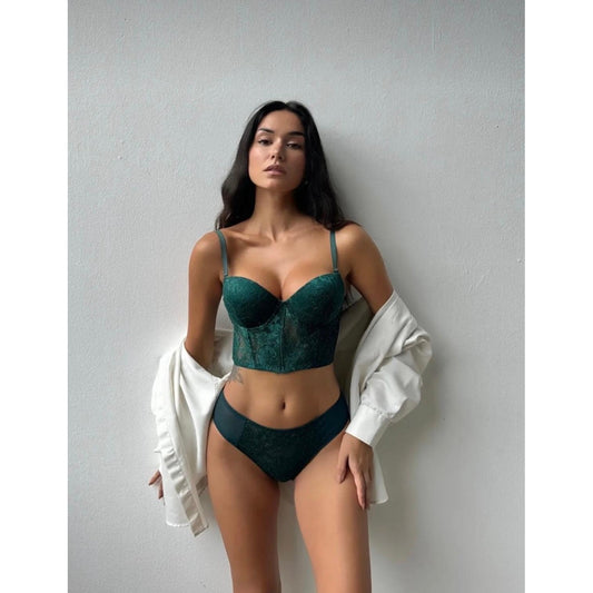 Lunelle Zümrüt Yeşili Dantel Büstiyer Sütyen ve Külot Kadın İç Giyim Takımı