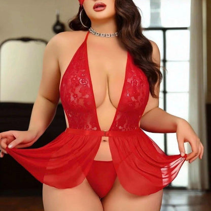 Lunelle Kırmızı Transparan Büyük Beden Babydoll Fantazi İç Giyim  Derin V Dekolteli, Dantel Detaylı Gece Seti