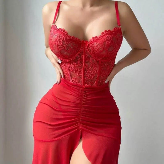 Lunelle Ateş Kırmızısı Dantel Büstiyer Takım – Transparan Tül Detaylı Özel Tasarım İç Giyim