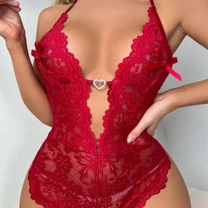 Lunelle Kırmızı Dantel Kalp Detaylı Derin V Yaka Body