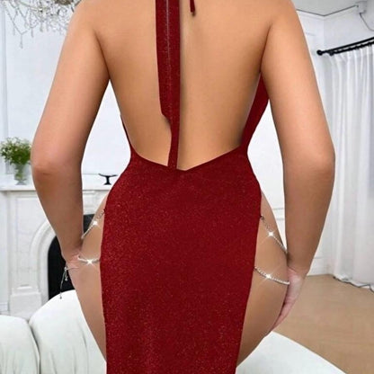 Lunelle Kırmızı Simli Zincir Detaylı Derin Yırtmaçlı Fantezi Elbise