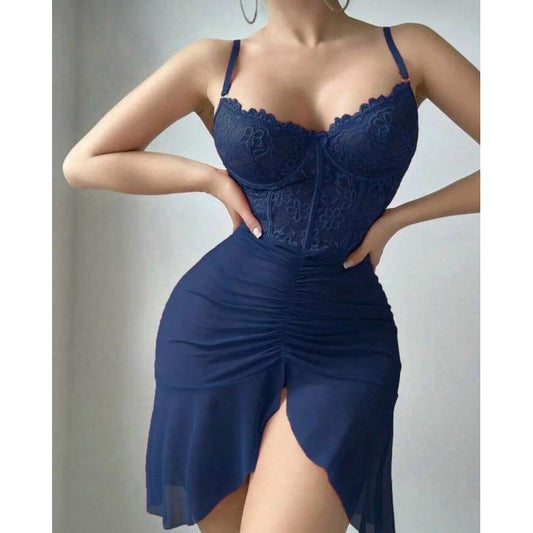 Lunelle Lacivert Dantel Detaylı Transparan Etekli Askılı Gecelik Elbise