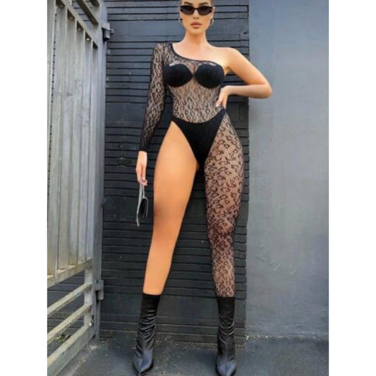 Lunelle Siyah Leopar Desenli Tek Kol Transparan Bodysuit – Asimetrik ve Şık Kadın İç Giyim