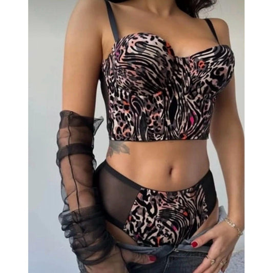 Lunelle Leopar Desenli Büstiyer Sütyen ve Transparan Külot Kadın İç Giyim Takımı