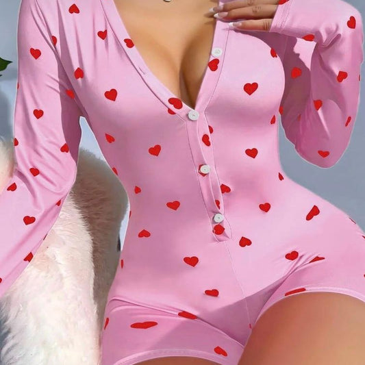 Lunelle Pembe Kalp Desenli Düğmeli Şortlu Kadın Tulum