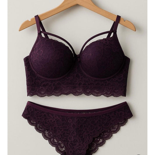 Lunelle Mürdüm Dantel Büstiyer Sütyen ve Külot Kadın İç Giyim Takımı