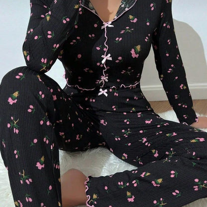 Lunelle Siyah Çiçek Desenli Uzun Kollu İkili Pijama Takımı