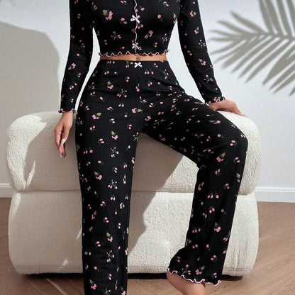Lunelle Siyah Çiçek Desenli Uzun Kollu İkili Pijama Takımı