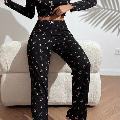 Lunelle Siyah Çiçek Desenli Uzun Kollu İkili Pijama Takımı