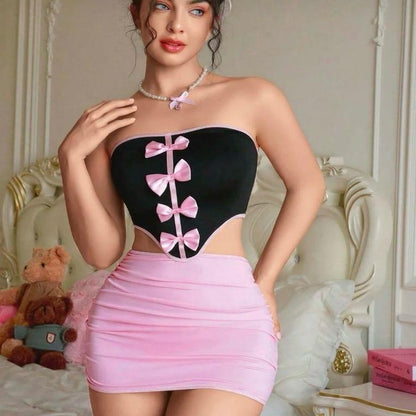 Lunelle Siyah Straplez Pembe Fiyonk Detaylı Mini Etekli Takım
