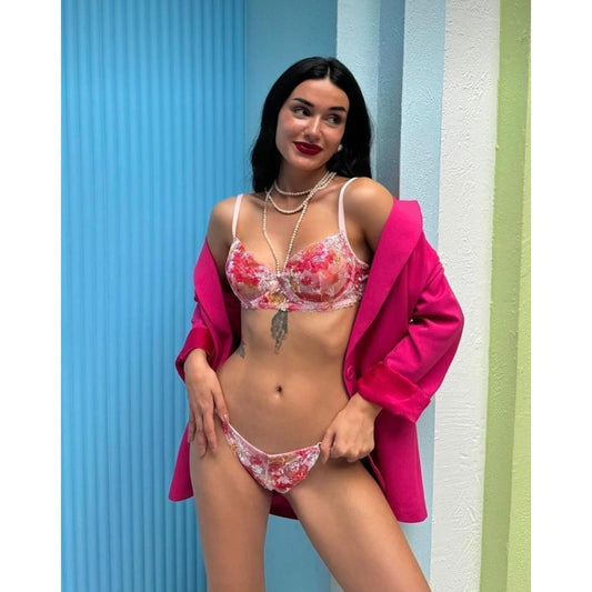 Lunelle Pembe Çiçek Desenli Dantel Desteksiz Sütyen Takımı – Şeffaf Tül Floral Kadın İç Giyim