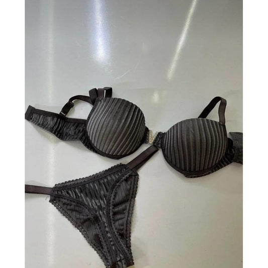 Lunelle Antrasit Çizgili Push-Up Sütyen ve Tanga Külot Kadın İç Giyim Takımı