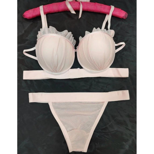 Lunelle Ekru Transparan Fırfır Detaylı Büstiyer Sütyen ve Tanga Külot Kadın İç Giyim Takımı