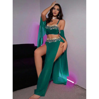 Lunelle Kadın Fantazi Dans Kostümü – Taş Detaylı Yeşil Bralet ve Yırtmaçlı Etek Takım